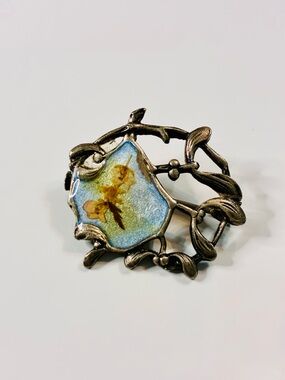 Antique Art Nouveau Floral  Brooch in Blue and Gold Tone made w/Butterfly Wings